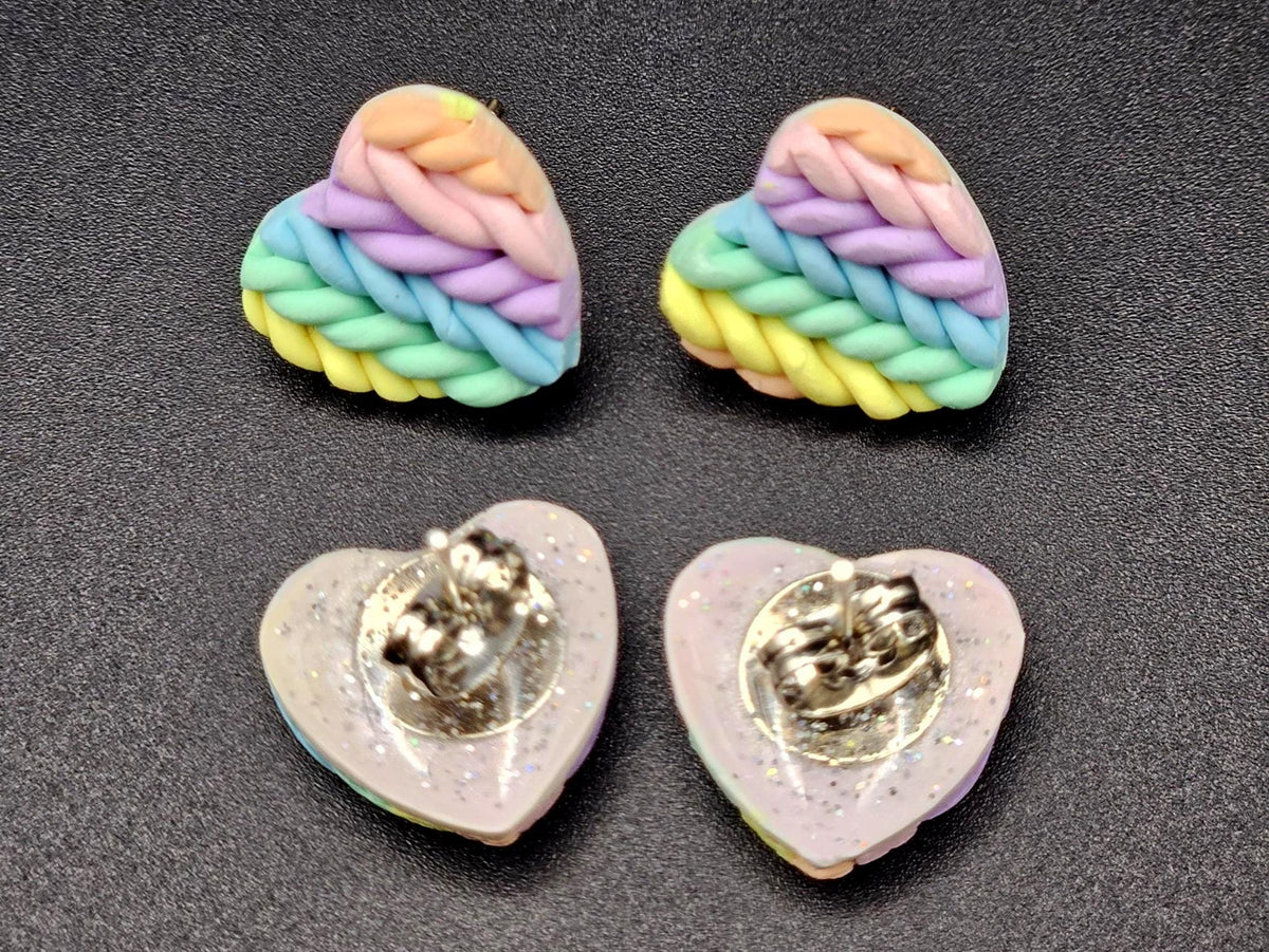 Rainbow knitted heart stud earrings