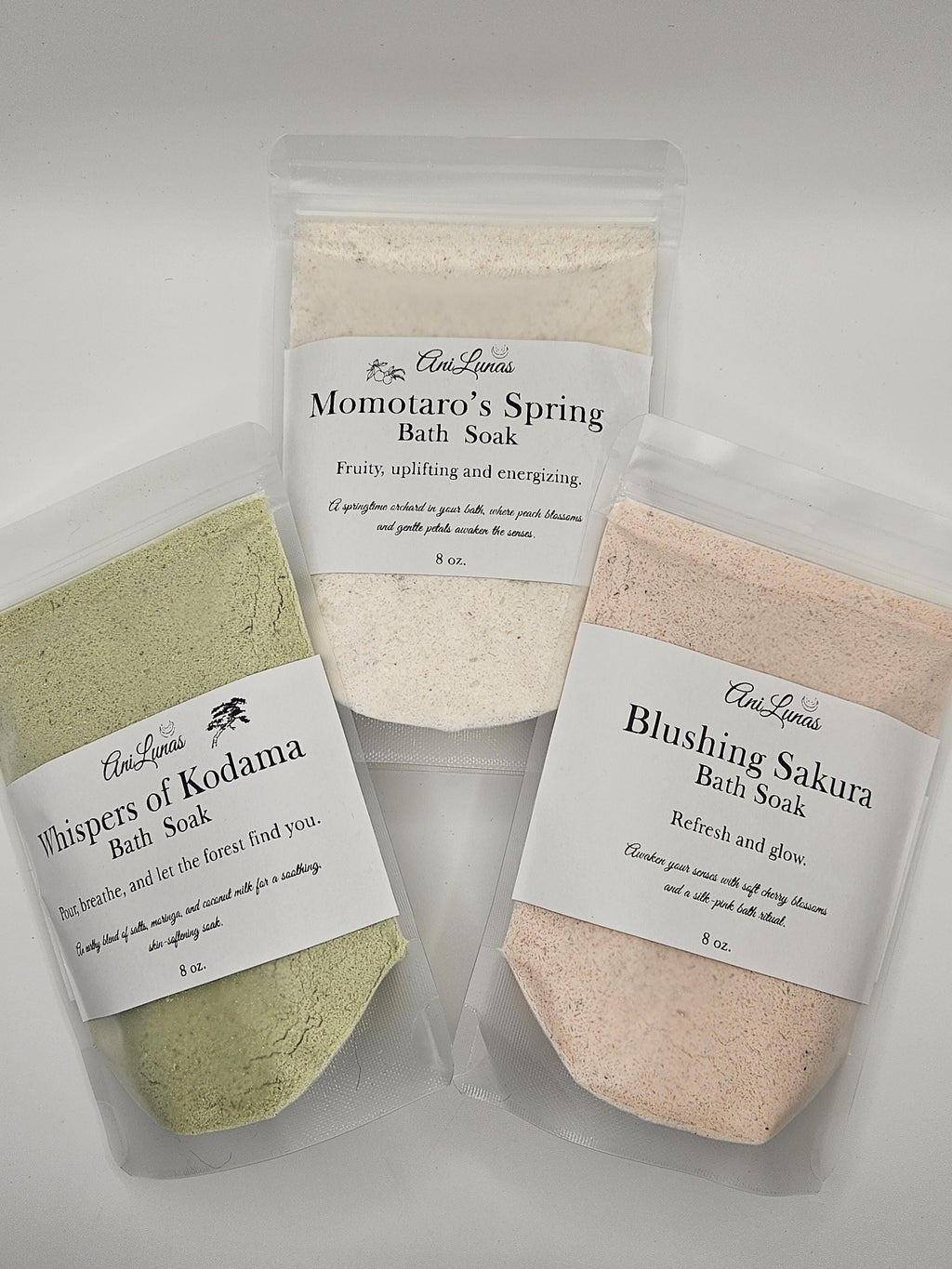 Japanese Inspired Bath Soak Trio | Kodama, Momotaro, Sakura Scents | Epsom and milk salt baths