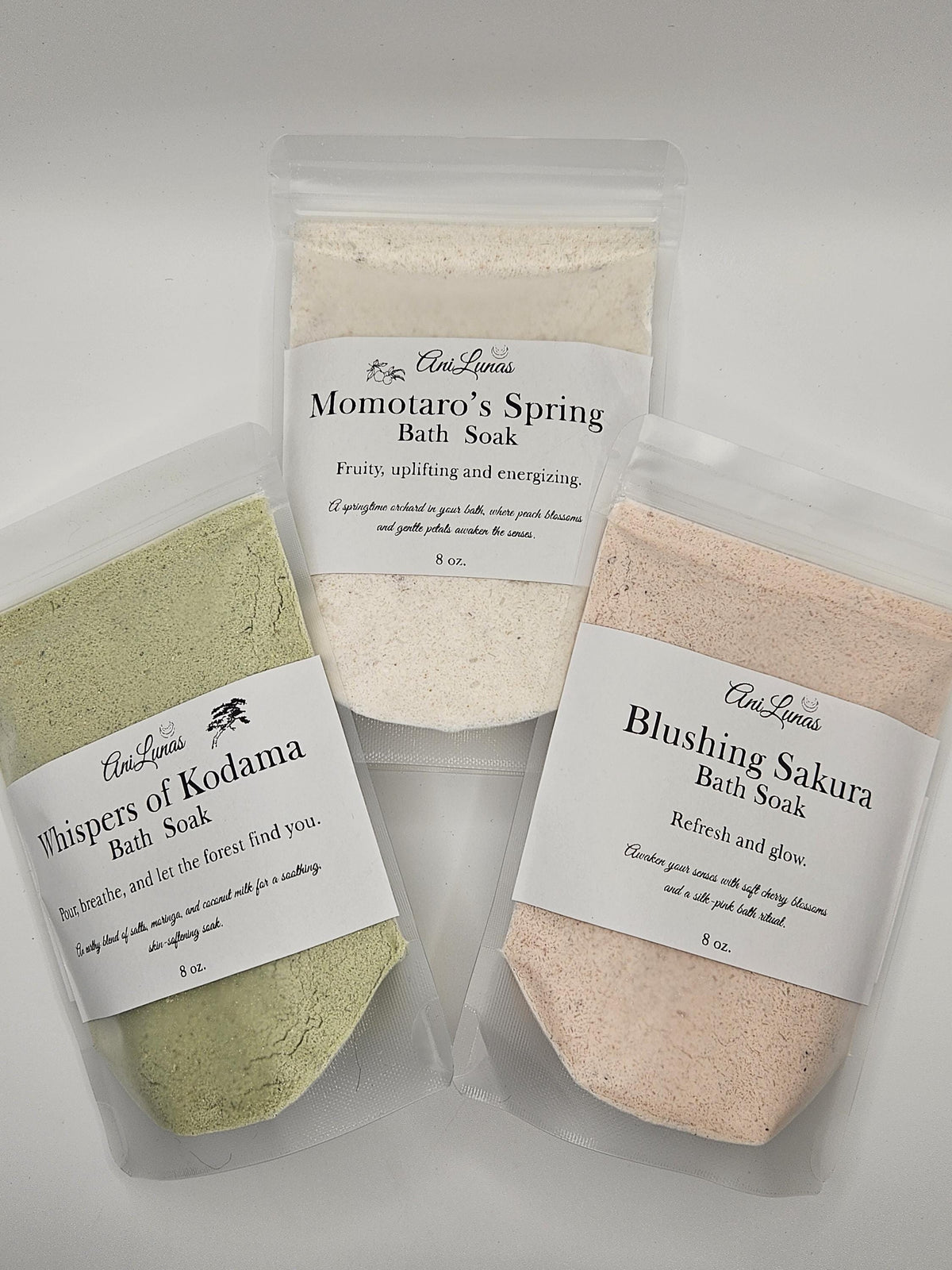 Japanese Inspired Bath Soak Trio | Kodama, Momotaro, Sakura Scents | Epsom and milk salt baths