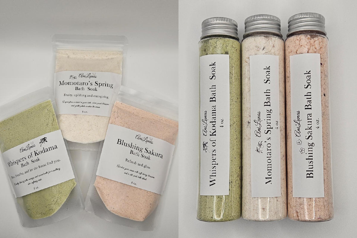 Japanese Inspired Bath Soak Trio | Kodama, Momotaro, Sakura Scents | Epsom and milk salt baths